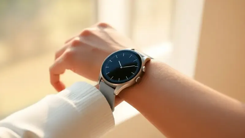 Renderização 3D em close-up de smartwatch sendo posicionado corretamente no pulso com anéis guia luminosos indicando alinhamento adequado do sensor