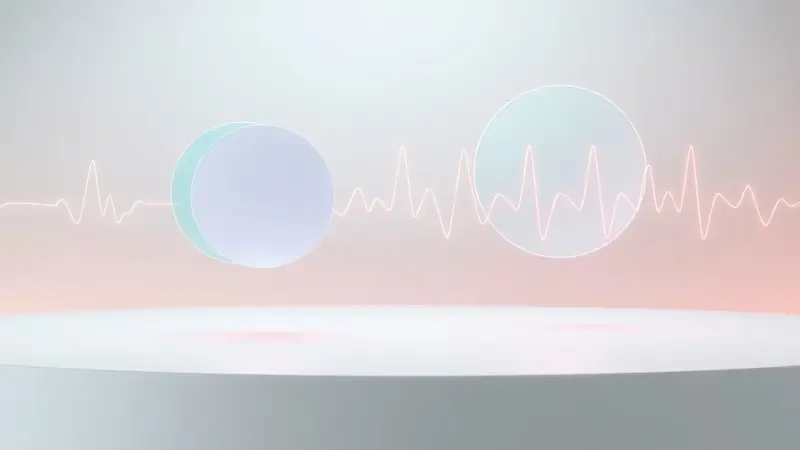 Renderização 3D de visualização biométrica abstrata com ondas translúcidas representando monitoramento de calorias por smartwatch.