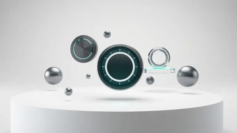 Representação conceitual 3D de sensores e componentes técnicos de smartwatch em composição moderna minimalista.