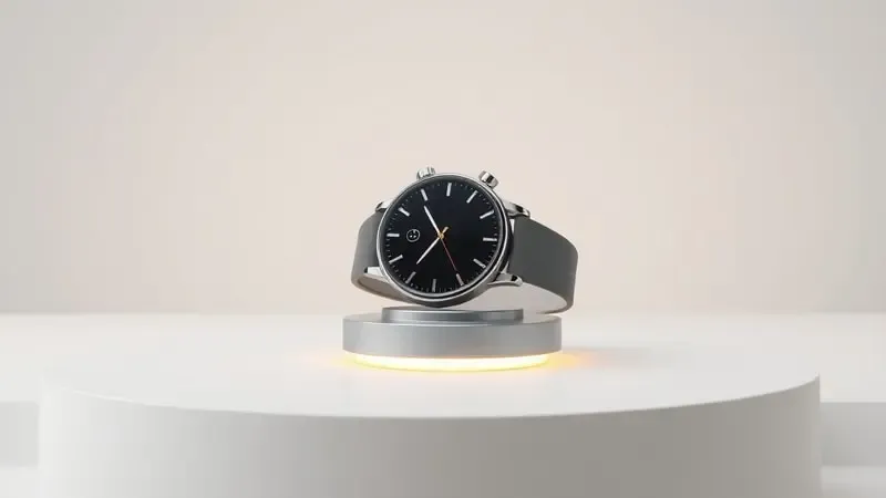 Render 3D de smartwatch genérico em base de carregamento minimalista com brilho sutil e atmosfera calma