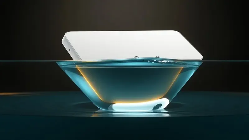 Render 3D conceitual de dispositivo submerso em água cristalina com detalhes dourados representando certificação IP68
