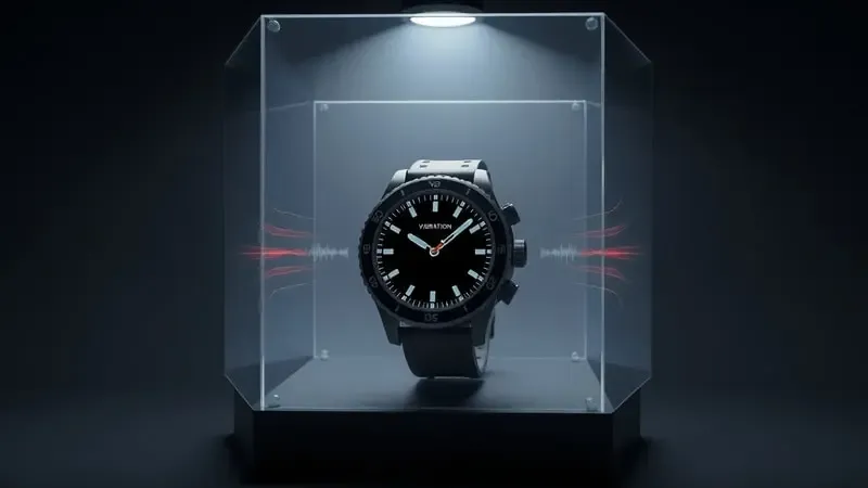 Render 3D de smartwatch militar em câmara de testes com indicadores abstratos de certificação de resistência e durabilidade.