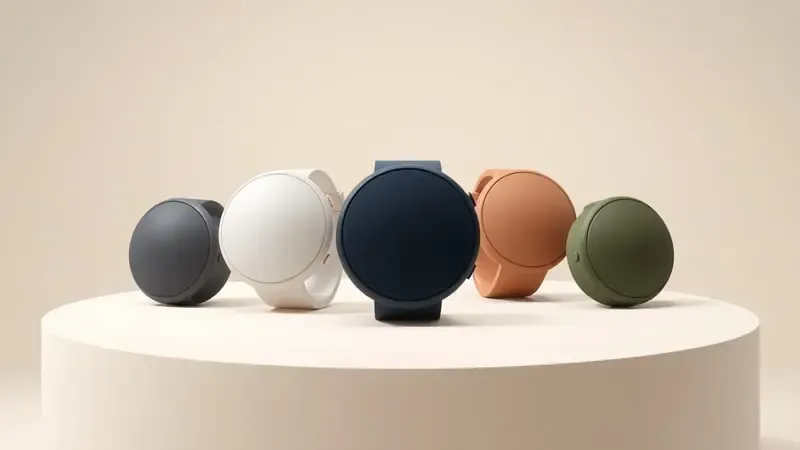 Render 3D conceitual com cinco smartwatches abstratos sobre pedestal minimalista em composição de estúdio profissional.