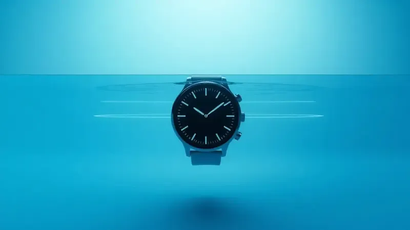 Visualização conceitual de smartwatch submerso com indicadores de profundidade e ondas de pressão em renderização 3D.