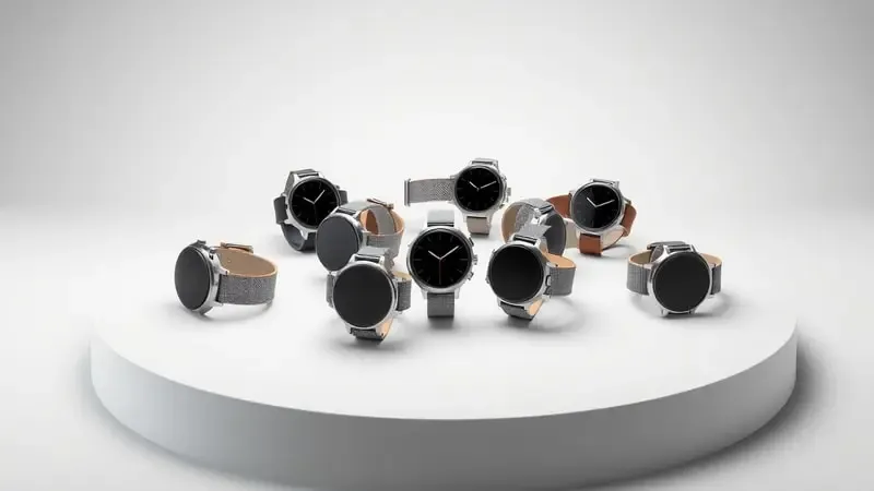 Coleção conceitual de smartwatches modernos sem marca em composição circular com iluminação difusa de estúdio.