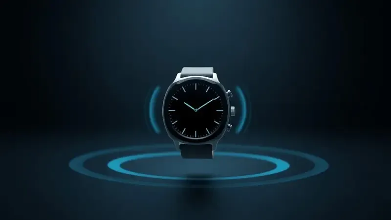 Smartwatch genérico com ondas sonoras translúcidas representando comandos de voz em render 3D conceitual.