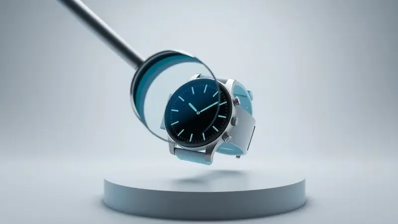 Renderização 3D de smartwatch sendo analisado por lente de aumento simbolizando critérios de avaliação para compra de relógio inteligente econômico.