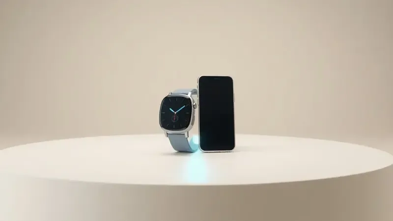 Render 3D conceitual de smartwatch e celular sendo desemparelhados antes do reset de fábrica
