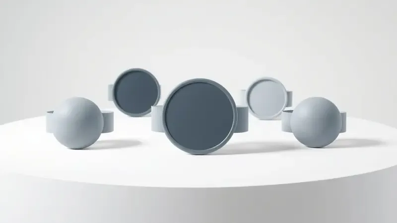 Renderização 3D de formas abstratas de smartwatches circulares sobre superfície limpa simbolizando escolha e comparação de tecnologia fitness moderna.