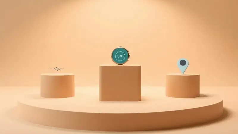 Conceito visual para escolha de smartwatch ideal com indicadores abstratos de funcionalidades essenciais