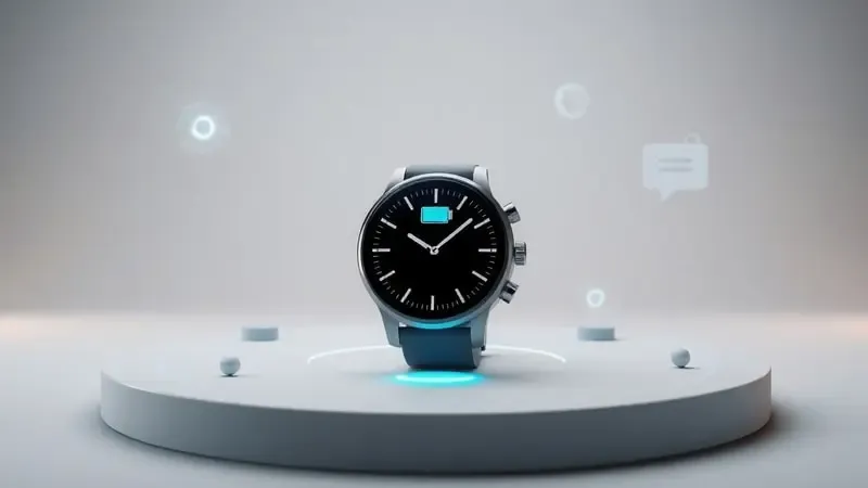 Renderização 3D de smartwatch genérico com elementos abstratos representando conectividade e funcionalidades inteligentes.