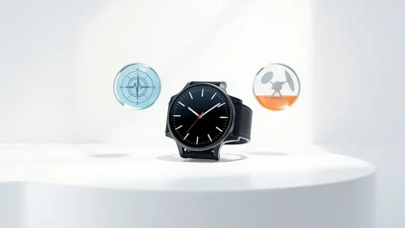 Renderização 3D de guia conceitual para escolha de smartwatch com GPS exibindo características essenciais flutuantes