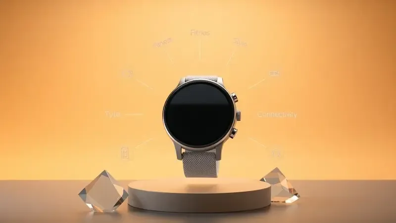 Render 3D conceitual de smartwatch central com elementos sobrepostos representando fatores de escolha como fitness, estilo e bateria.