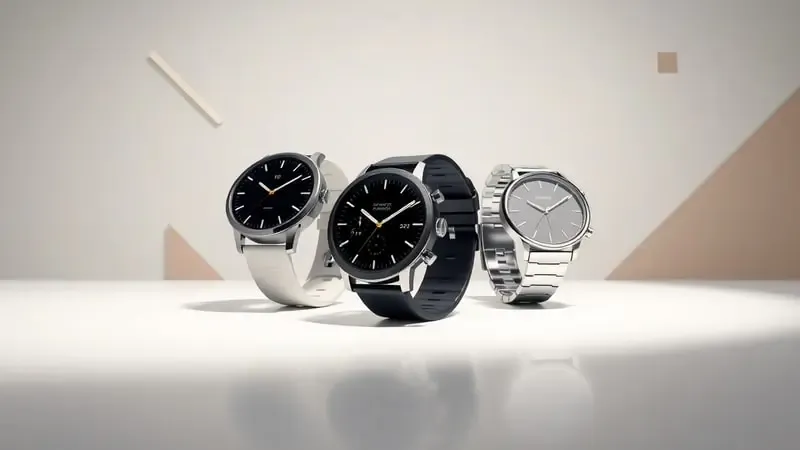 Renderização 3D conceitual mostrando diferentes estilos de smartwatch para auxiliar na escolha do modelo ideal