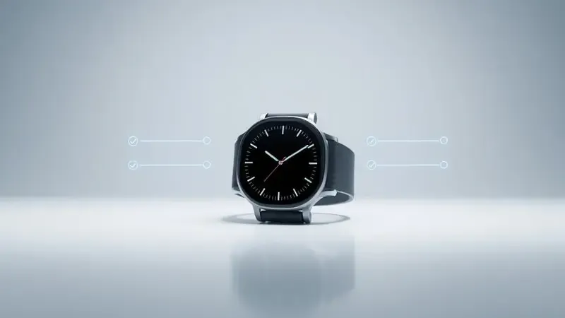 Guia visual conceitual para escolher smartwatch com funções de chamadas e WhatsApp, com símbolos abstratos de critérios de seleção.