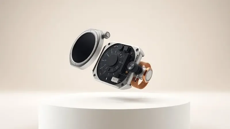 Renderização 3D conceitual de um smartwatch em vista explodida mostrando componentes internos como sensores, placa e bateria flutuando alinhados.