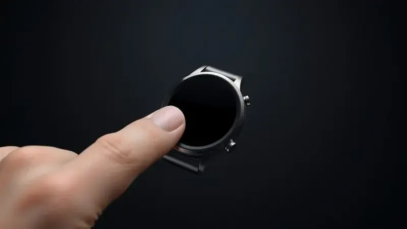 Renderização 3D conceitual de dedo pressionando botão lateral de smartwatch genérico para ligá-lo pela primeira vez.