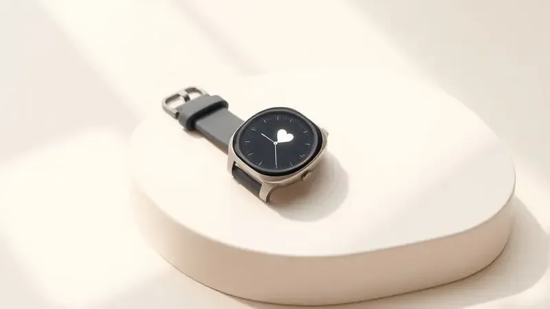 Cena conceitual 3D de smartwatch em pulso estilizado com elementos de interface intuitivos flutuantes.