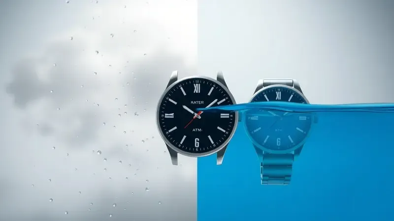 Renderização conceitual com dois cenários distintos orientando a decisão entre classificação IP e ATM para smartwatches.