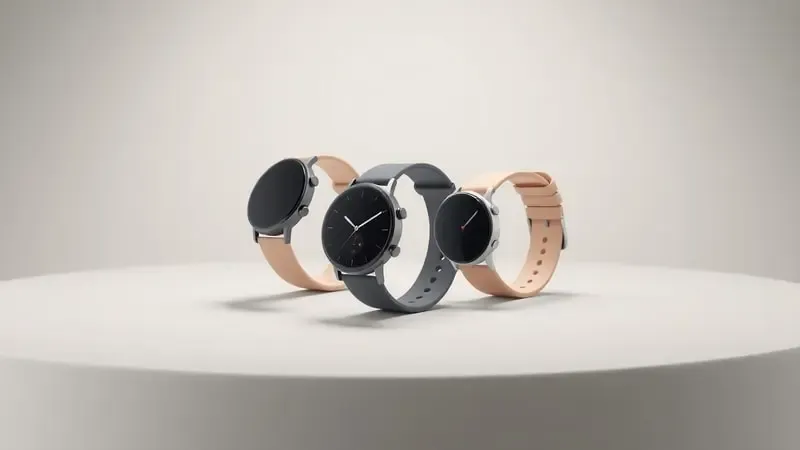 Três designs minimalistas de smartwatch lado a lado sobre superfície fosca para comparação de estilos e escolha ideal.