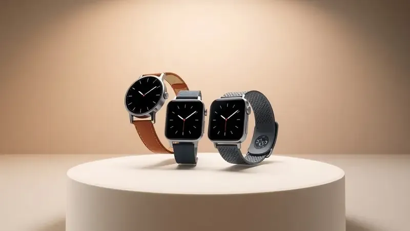 Render 3D conceitual comparando smartwatch circular clássico e retangular moderno lado a lado sobre superfície minimalista com iluminação difusa.