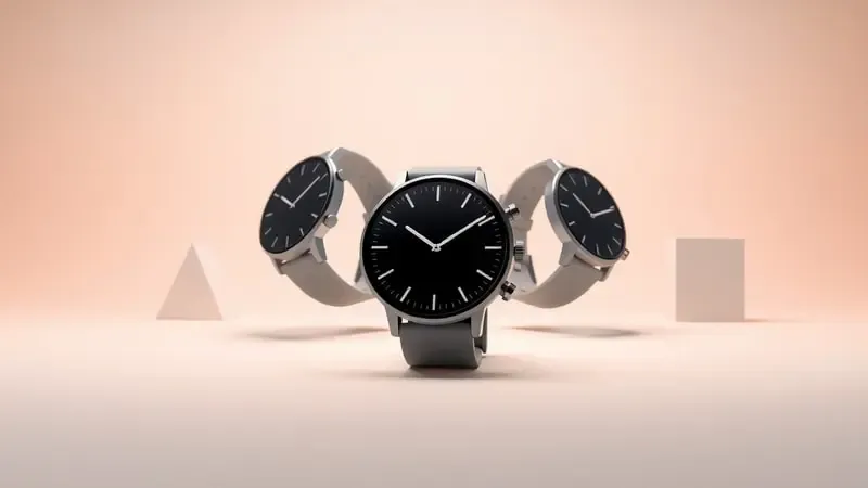 Render 3D conceitual comparando diferentes estilos de smartwatch para ajudar na decisão de compra.