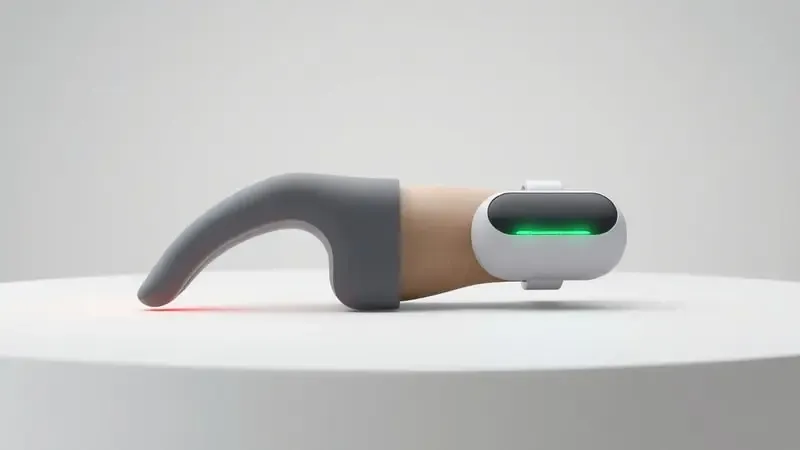 Comparação conceitual 3D entre oxímetro de dedo e dispositivo de pulso para medição de saturação de oxigênio.