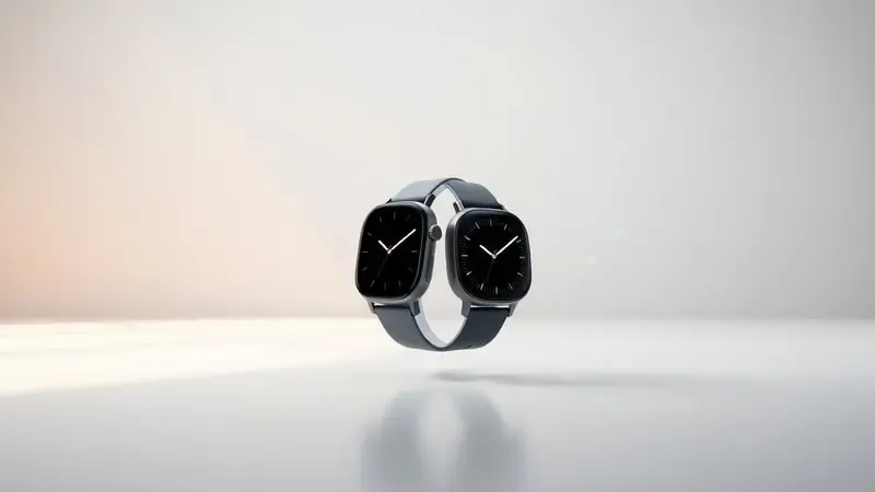 Comparação conceitual entre dois modelos de smartwatch com visualizações abstratas de dados de saúde em renderização 3D.