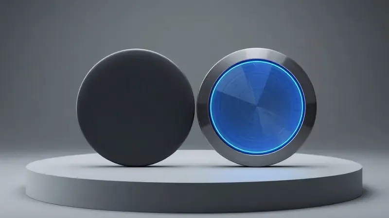 Duas formas circulares abstratas lado a lado contrastando design casual e esportivo em composição 3D minimalista