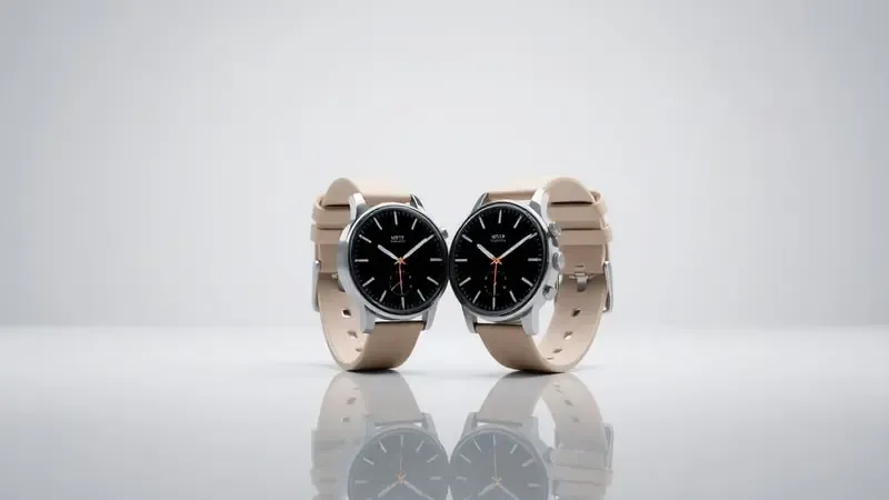 Comparação conceitual em 3D de dois smartwatches modernos lado a lado em superfície reflexiva.