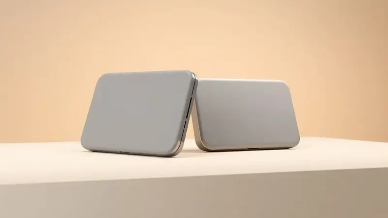 Comparação conceitual entre dois dispositivos smart minimalistas sem marca, lado a lado, com design limpo e iluminação profissional.