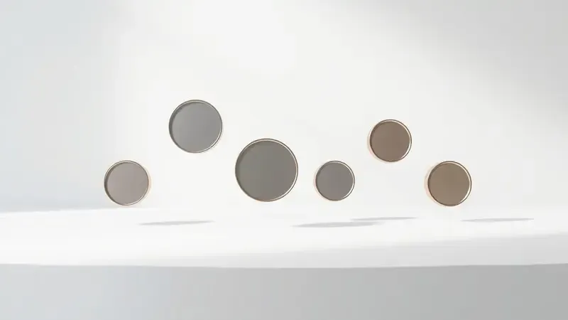 Renderização 3D conceitual com diferentes silhuetas de smartwatches redondos flutuando sobre superfície limpa para comparação de modelos.