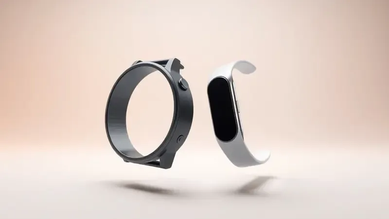 Comparação conceitual lado a lado entre smartwatch circular e smartband estreita genéricos flutuando com iluminação contrastante em fundo limpo.