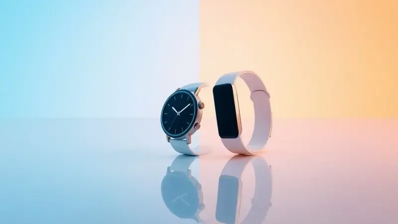 Comparação lado a lado entre smartwatch e smartband minimalistas em renderização 3D conceitual