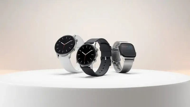 Comparação conceitual de smartwatches modernos em renderização 3D sobre superfície minimalista e clean