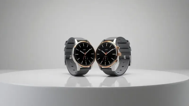 Render 3D de dois smartwatches modernos lado a lado em composição minimalista representando comparação equilibrada
