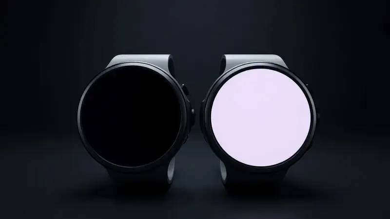 Comparação conceitual 3D entre telas AMOLED e LCD em displays de smartwatch