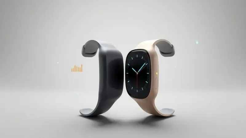 Comparação conceitual 3D com duas silhuetas de smartwatch lado a lado e elementos abstratos de dados de desempenho