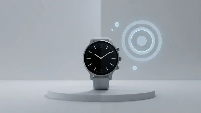 Composição 3D comparativa entre smartwatch básico e recursos premium representados por formas geométricas translúcidas.