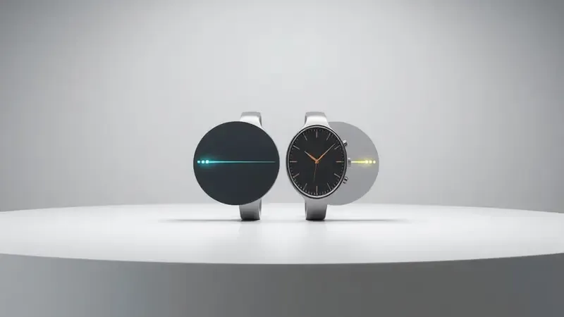 Render 3D conceitual de comparativo lado a lado com silhuetas abstratas de relógios e iluminação suave profissional