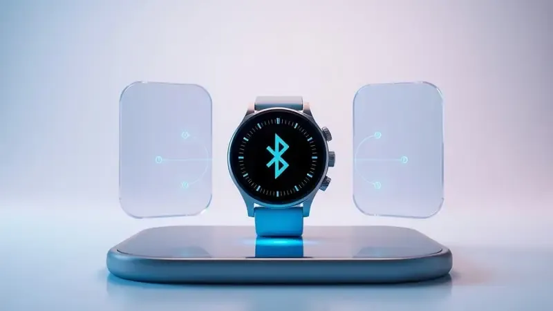 Renderização 3D de smartwatch entre dispositivos abstratos com linhas de conexão representando compatibilidade e conectividade.
