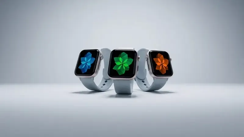 Renderização 3D de três smartwatches com diferentes interfaces abstratas representando compatibilidade de sistemas com WhatsApp