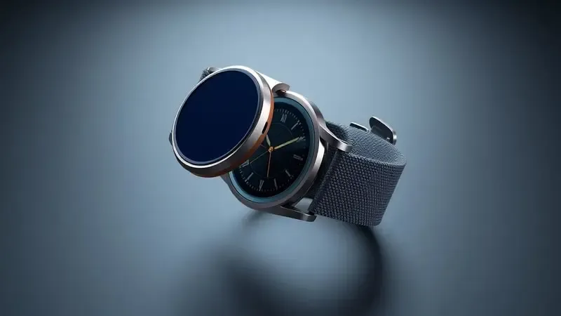 Render 3D conceitual de componentes de smartwatch organizados em vista explodida com iluminação difusa profissional e materiais realistas.