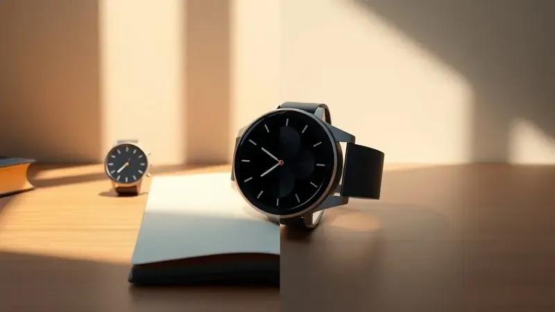 Cena conceitual 3D contrastando relógio analógico tradicional com smartwatch moderno em composição dividida com iluminação dupla.