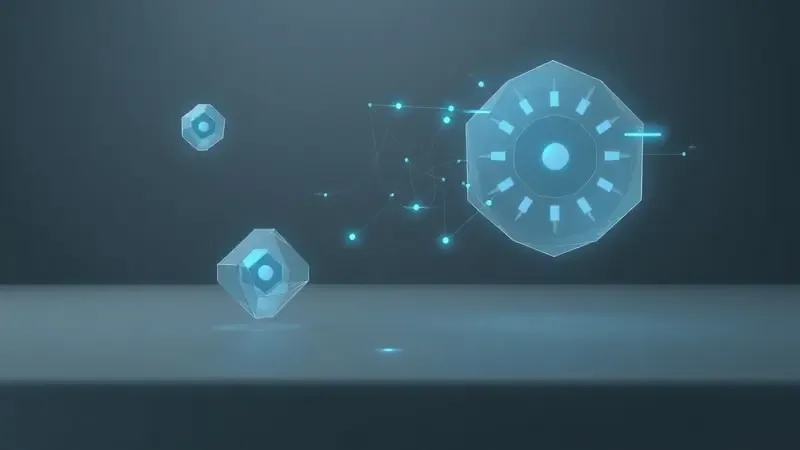Visualização conceitual 3D de desempenho e funcionalidade com formas geométricas abstratas e linhas de dados flutuantes.