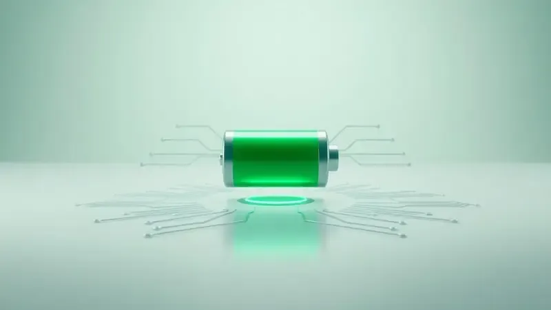Renderização conceitual 3D de sistema e bateria com ícone minimalista e padrões abstratos em superfície reflexiva.
