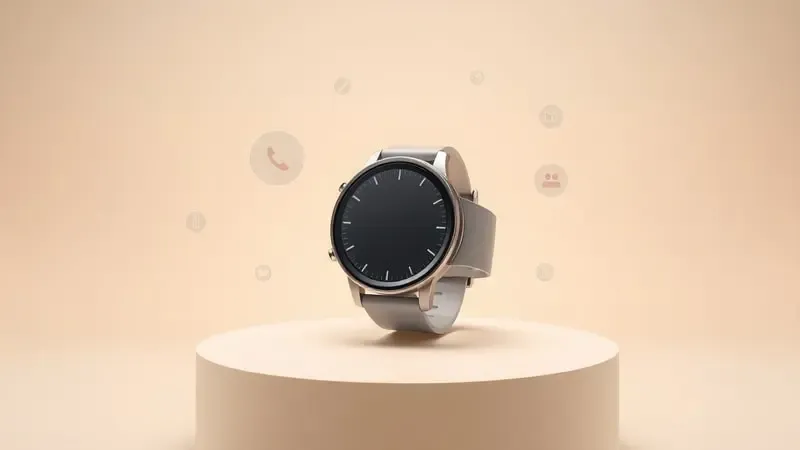 Render 3D conceitual de smartwatch abstrato com elementos digitais flutuantes representando conectividade e métricas de saúde.