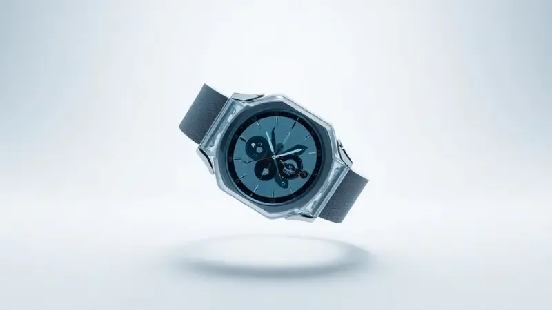 Renderização 3D conceitual de smartwatch com corpo translúcido revelando componentes internos geométricos abstratos