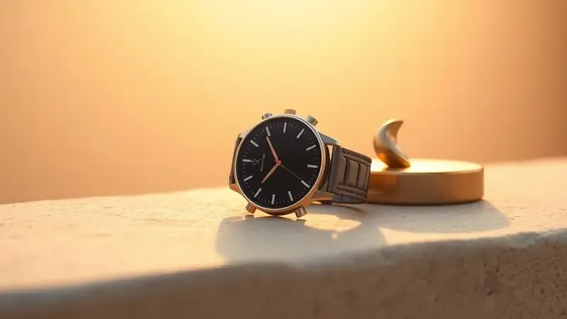 Smartwatch conceitual repousando sobre superfície de pedra natural com iluminação cálida de fim de tarde