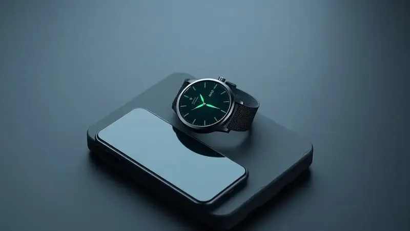 Renderização 3D de smartwatch redondo genérico próximo a smartphone com partículas verdes representando sincronização de dados Wear OS.